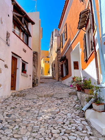 A winding cobblestone street lined with colorful buildings and lush greenery under a bright sky.