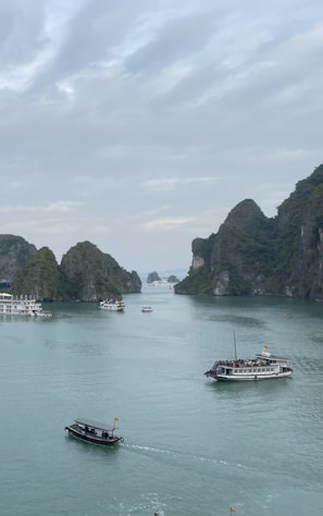 A scenic view of a serene bay featuring several boats on calm turquoise waters, surrounded by towering, lush green limestone islands under a cloudy sky.