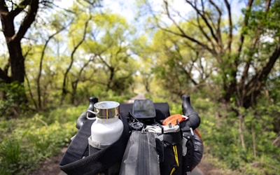 A scenic path surrounded by lush greenery and trees extends into the distance. In the foreground, bicycle handlebars can be seen, complete with a mounted water bottle and a small storage pouch, suggesting a cycling adventure through nature.