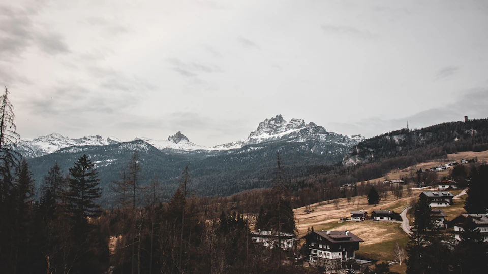 The image depicts a serene mountain landscape with snow-capped peaks and a valley below. The mountains, covered in snow, rise majestically against an overcast sky. In the foreground, there are several houses nestled among the trees, creating a picturesque scene of rural life. The perspective is from above, providing a bird's eye view of the landscape that combines natural beauty with human habitation.