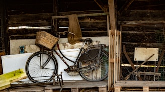 A vintage bicycle with a wicker basket sits among various wooden and metal objects. The setting appears to be an old, worn-out shed or barn with a rustic and cluttered appearance.