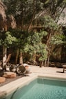A tranquil outdoor pool area surrounded by lush greenery.