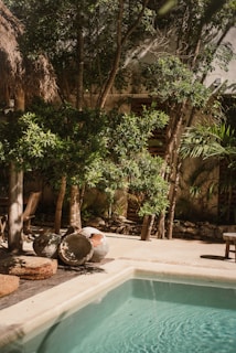 Tranquil outdoor pool area surrounded by lush greenery.