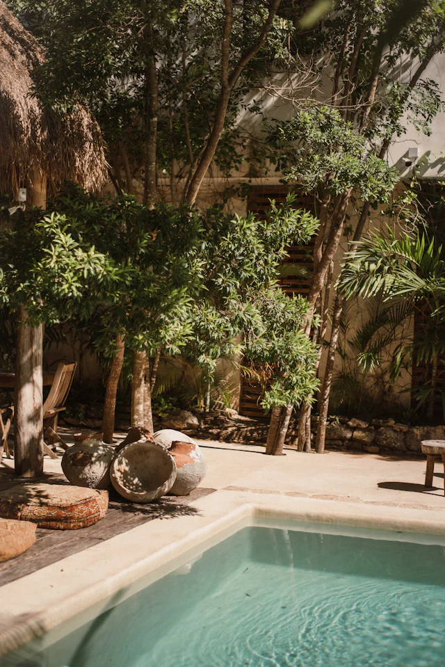 Pool and garden loungers at a guest house