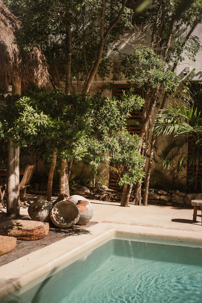 Piscina del lodge rodeada de árboles y palmeras