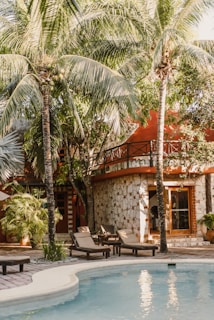 A tropical outdoor setting featuring a swimming pool surrounded by tall palm trees and lush greenery. A rustic building with stone walls and a wooden balcony is visible in the background. Several lounge chairs are arranged poolside, creating a tranquil and inviting atmosphere.