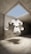 A 3D-rendered monkey head, stylized and cartoonish, floats in a concrete room with a skylight opening showing a clear blue sky. The setting is minimalist with stark shadows.