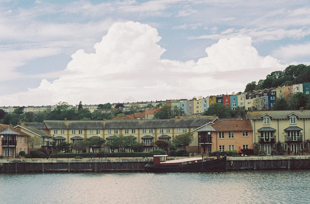 a body of water with a row of buildings in the background