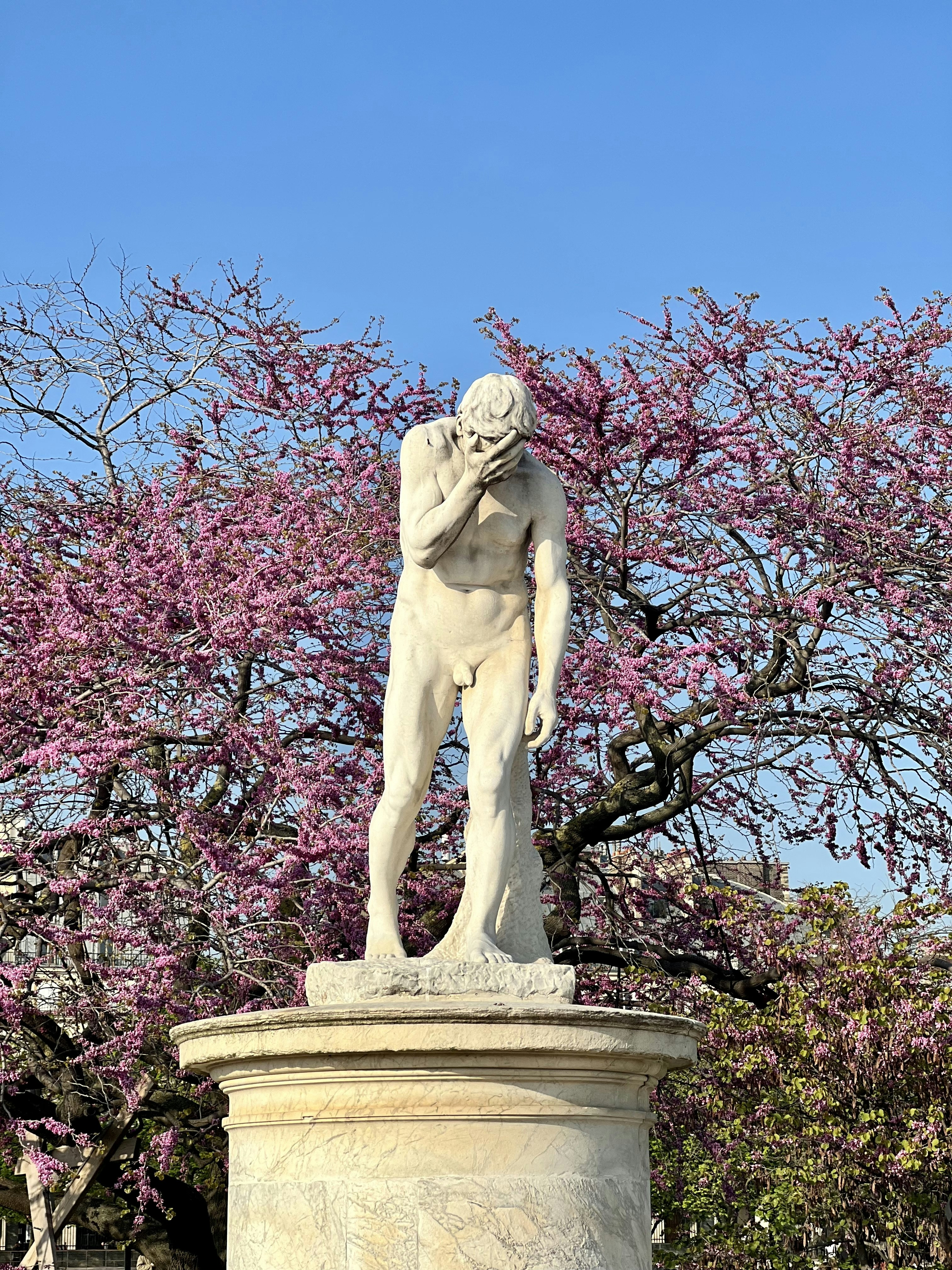 a statue of a man standing in front of a tree