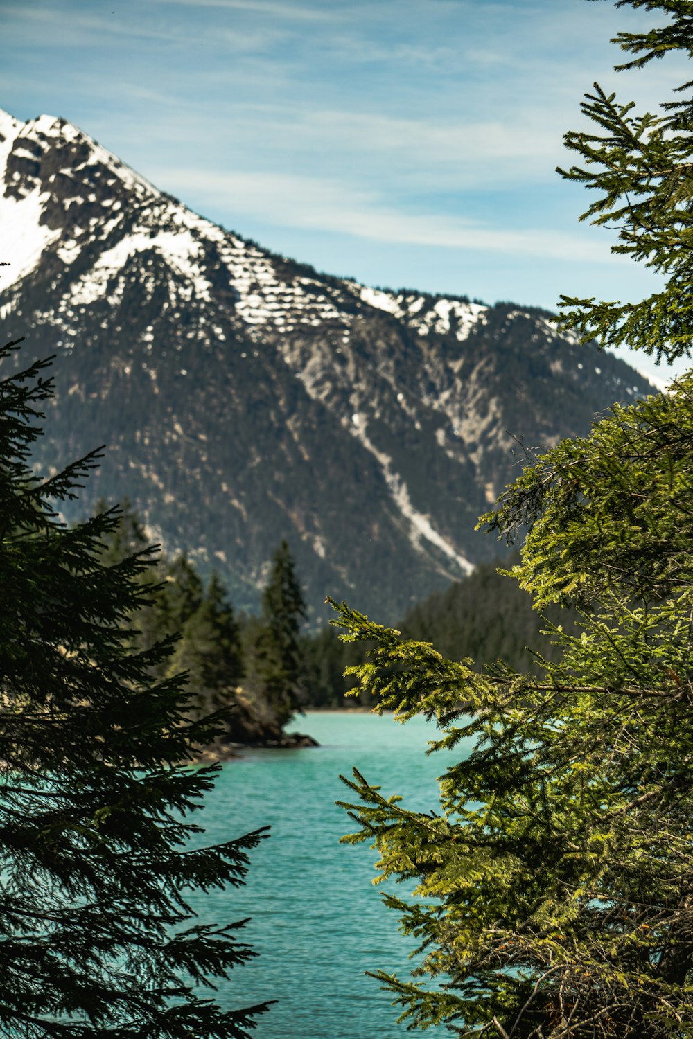 a view of a mountain and a lake through some trees