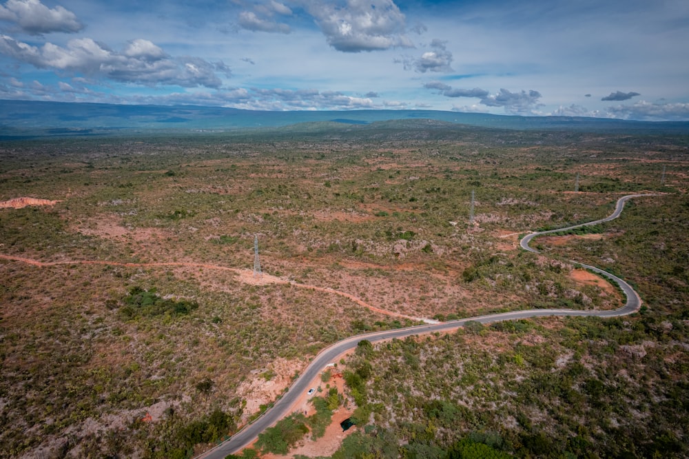 an aerial view of a winding road in the middle of nowhere