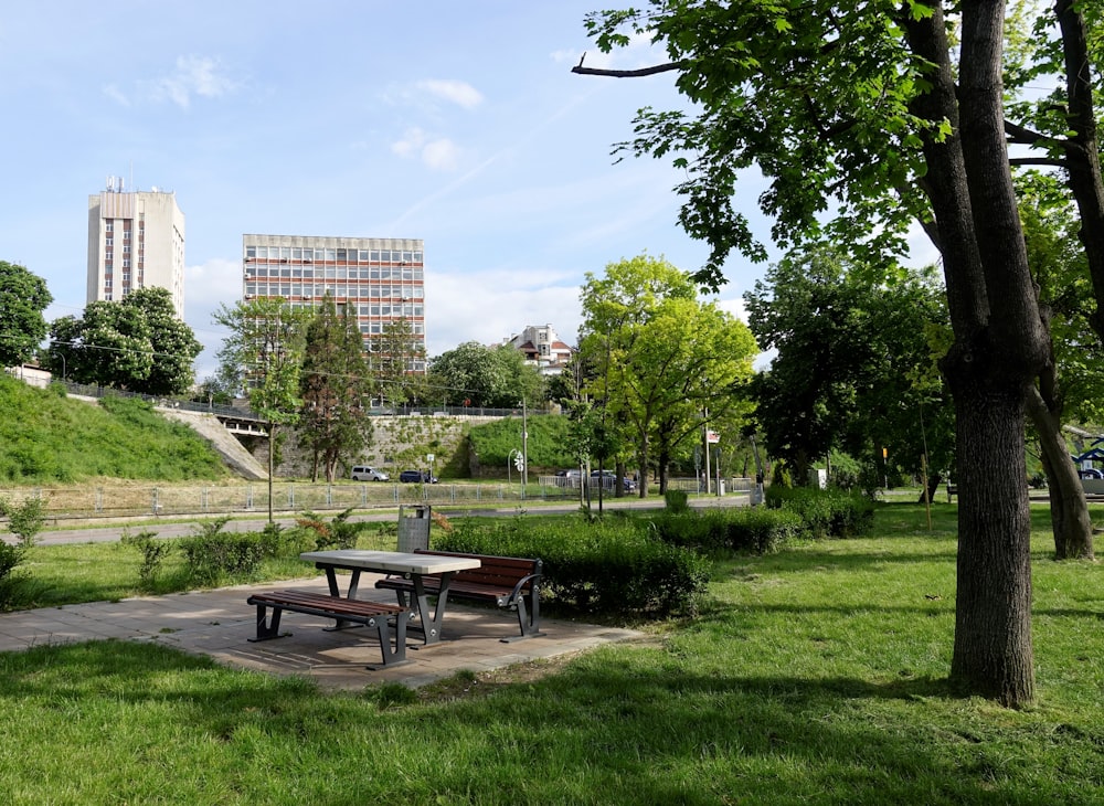 a park with a picnic table and benches