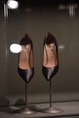 A pair of elegant black leather high-heeled shoes displayed on metal stands. The shoes appear sleek and sophisticated, with a glossy finish. Reflective lights above enhance their shine and highlight the brand name inside the shoes.