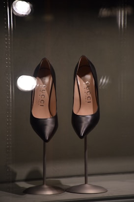 A pair of elegant black leather high-heeled shoes displayed on metal stands. The shoes appear sleek and sophisticated, with a glossy finish. Reflective lights above enhance their shine and highlight the brand name inside the shoes.