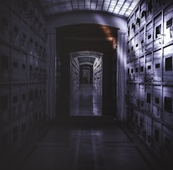 A dimly lit corridor of a mausoleum or columbarium with walls lined with niches for urns or caskets. The perspective extends down a long hallway, creating a sense of depth and symmetry. The lighting is stark, casting shadows and highlighting the strong architectural lines and the grid-like pattern of the niches.