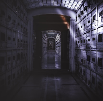 A dimly lit corridor of a mausoleum or columbarium with walls lined with niches for urns or caskets. The perspective extends down a long hallway, creating a sense of depth and symmetry. The lighting is stark, casting shadows and highlighting the strong architectural lines and the grid-like pattern of the niches.