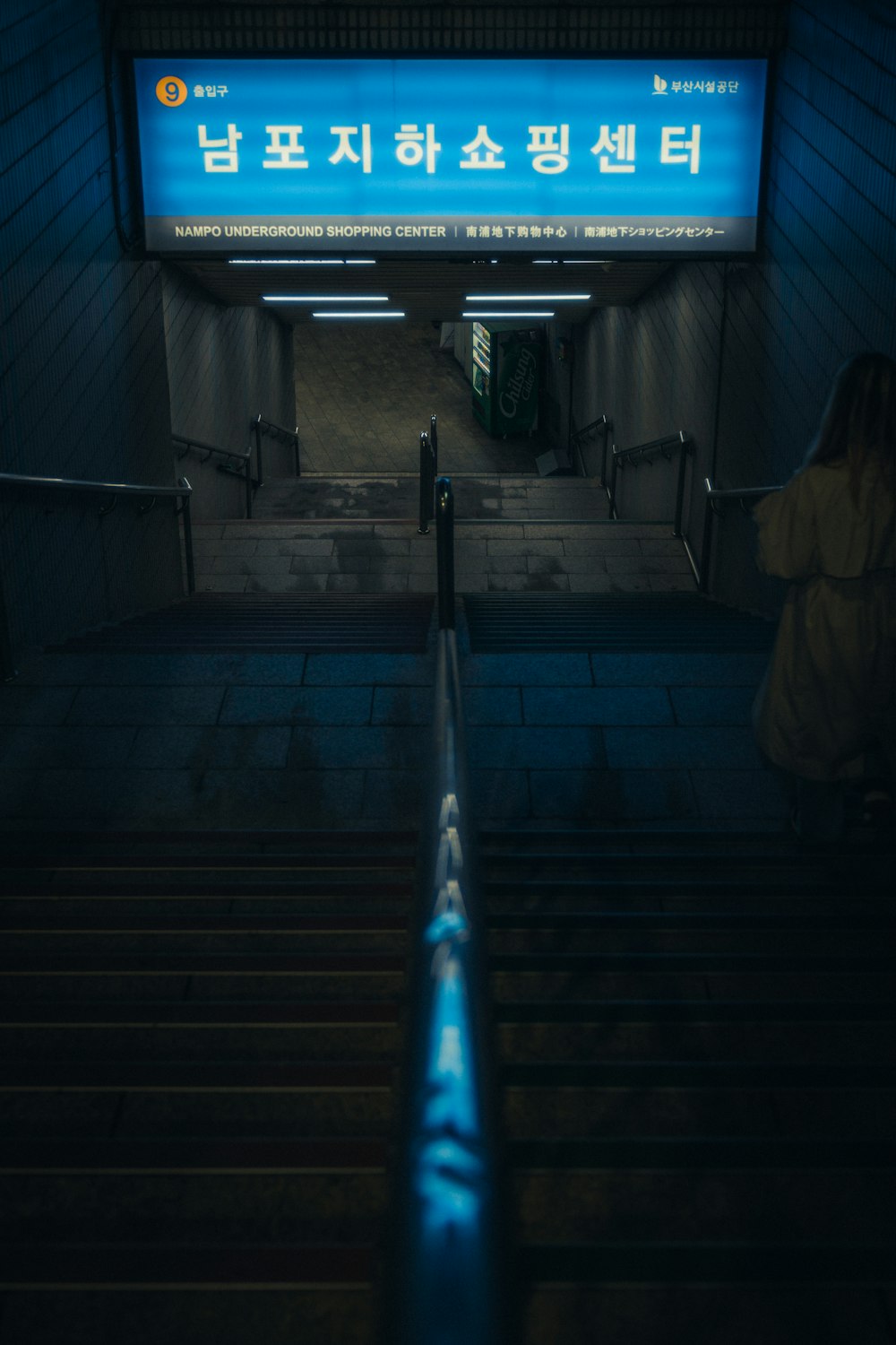 a woman walking down a flight of stairs