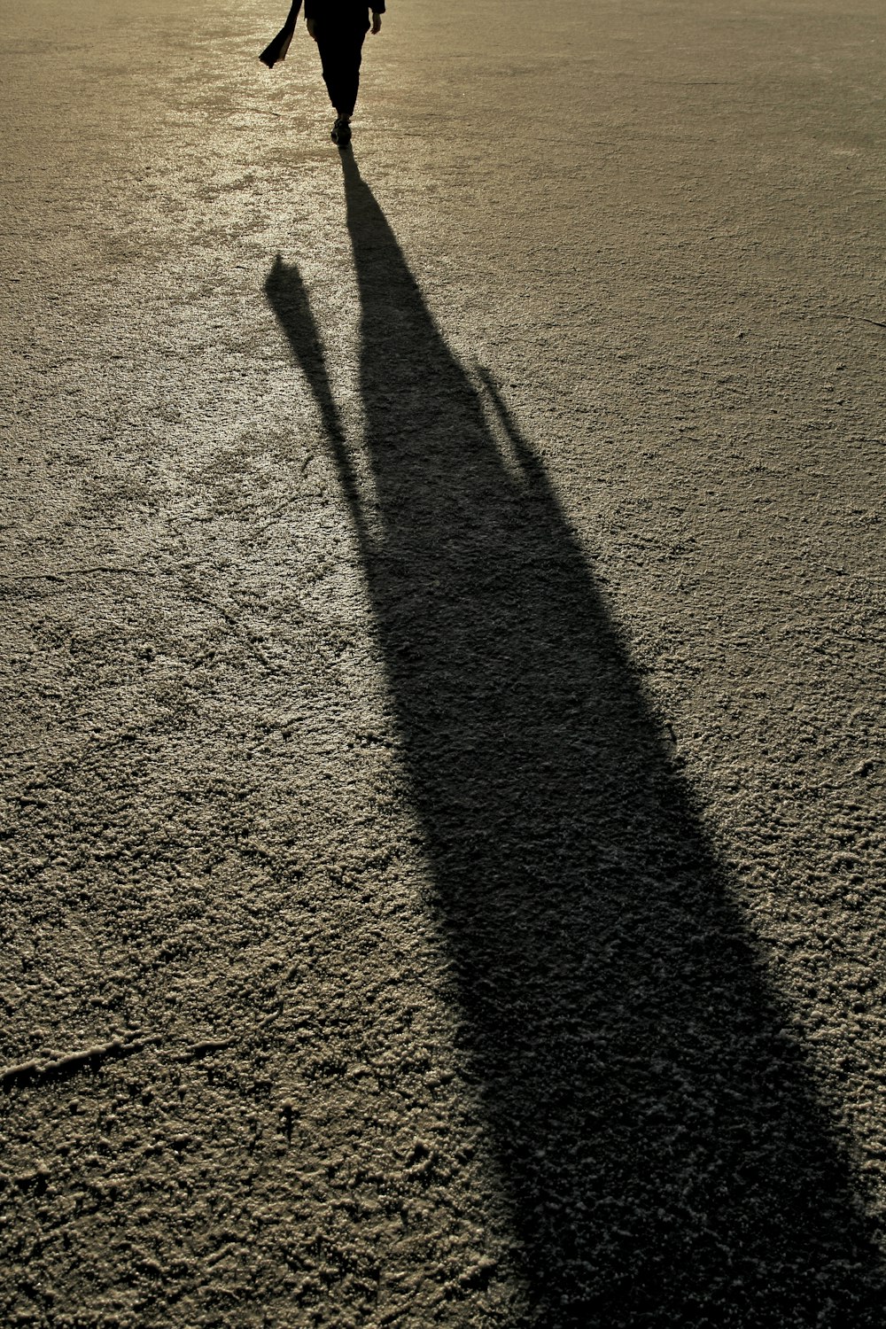 a shadow of a person walking across a field