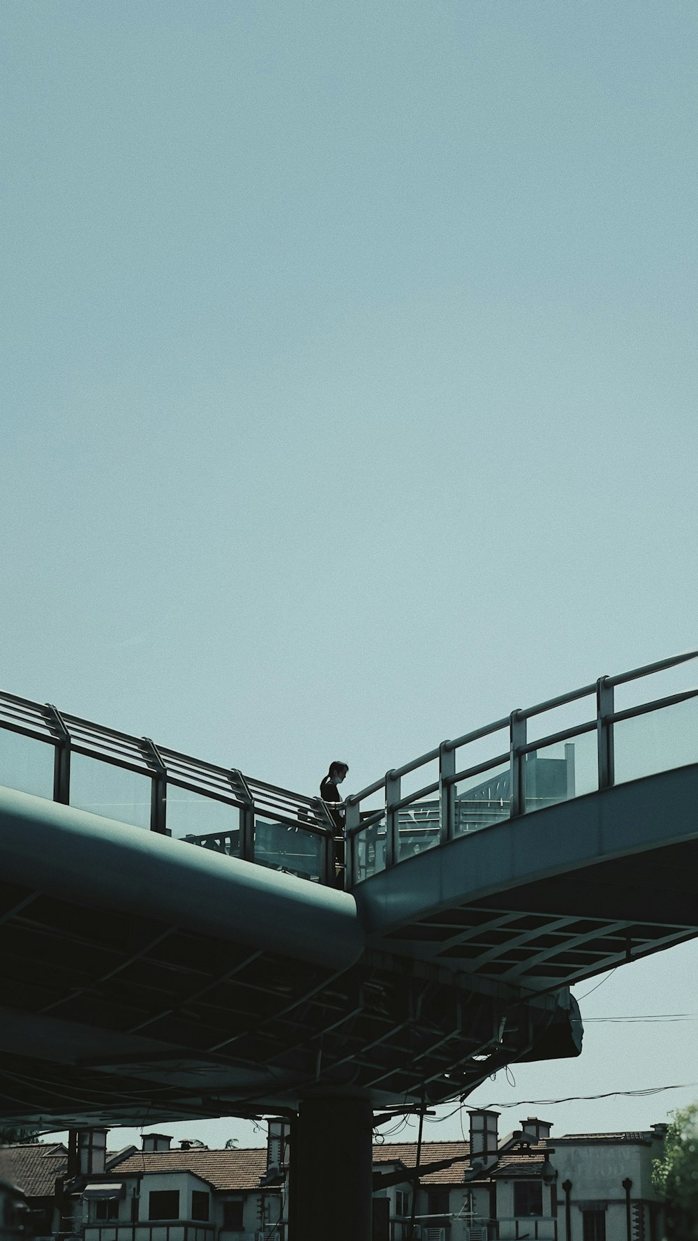 a person walking across a bridge over a body of water