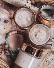 a table topped with jars filled with different types of items