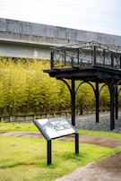 An elevated metal platform with a railing stands in front of a dense bamboo grove. A concrete structure, possibly a bridge or railway, extends above. A signboard with informational panels is positioned on the grassy area below.