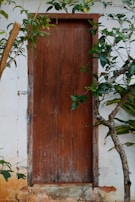 an old wooden door with a tree in front of it