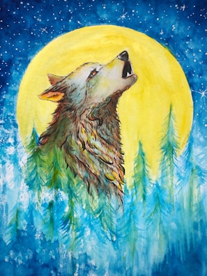 An artistic representation of a wolf howling at the moon under a starry sky.