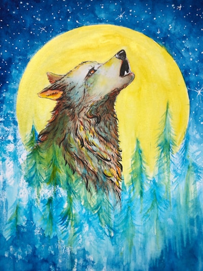 A majestic scarlet wolf howling under a violet starry sky