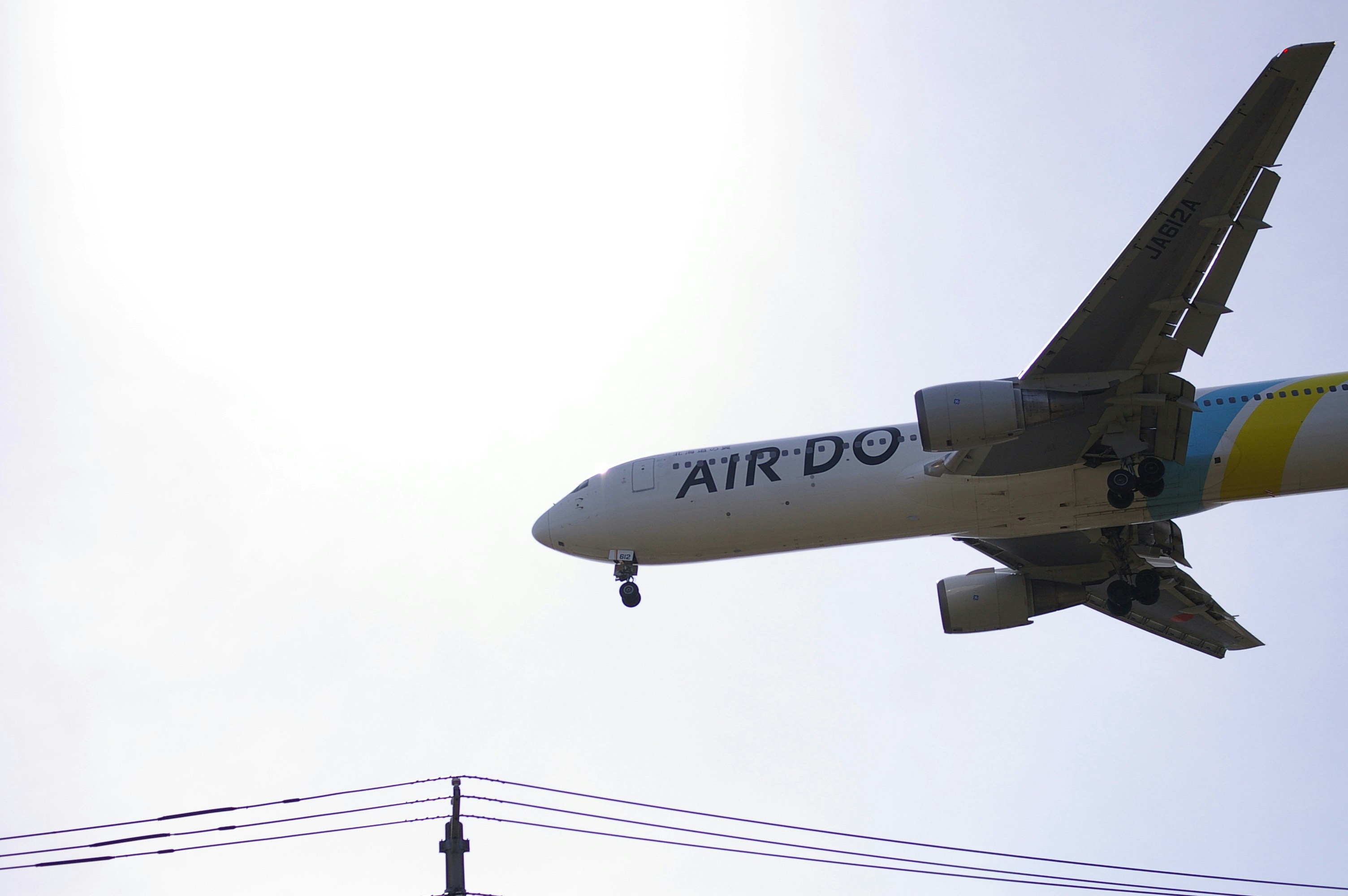 a large jetliner flying through a cloudy sky, 