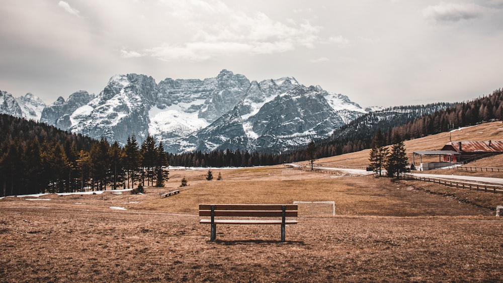 a wooden bench sitting on top of a grass covered field