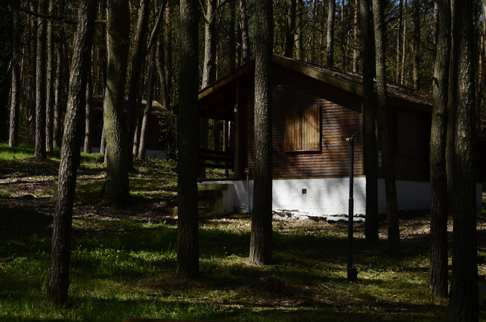 a small cabin in the middle of a forest