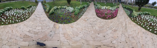 A beautifully designed garden with vibrant flowers and a stone pathway.