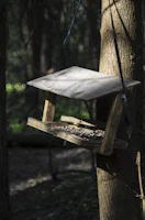 Close-up of a handcrafted bird feeder made of engineered wood with hanging seeds