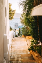 A narrow, sunlit pathway leads down to a seaside view. Flanked by white walls and lush greenery, the path opens up to the ocean. Signs of a beach club enhance the coastal ambiance, with trees and plants adding natural beauty.