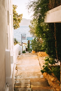 A narrow, sunlit pathway leads down to a seaside view. Flanked by white walls and lush greenery, the path opens up to the ocean. Signs of a beach club enhance the coastal ambiance, with trees and plants adding natural beauty.