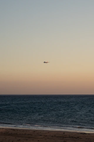 A warm-toned photo of a small plane flying over a rugged coastline at sunset.