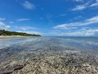 A serene coastal landscape with vibrant blue skies blending into turquoise waters and sandy shores.