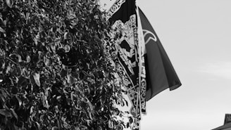 A grayscale image depicts a leafy bush to the left and two flags waving in the wind on the right. The flags have complex patterns including a visible design on one, contrasting against the sky.