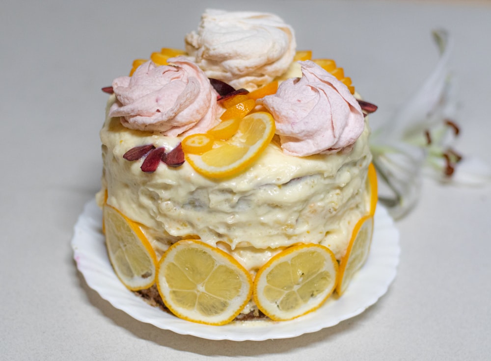 a close up of a cake on a plate on a table