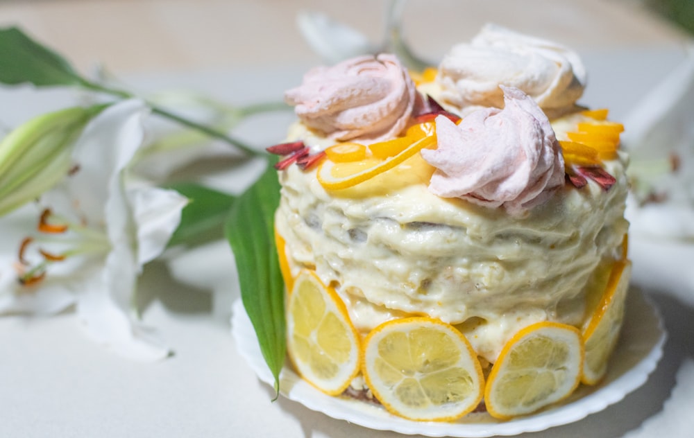 a close up of a cake on a plate on a table