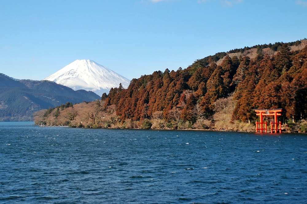 a large body of water with a mountain in the background