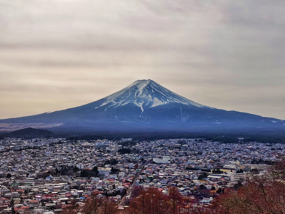 a view of a city with a mountain in the background