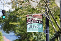 A street sign hangs from a post, featuring a stylized illustration of buildings and a sun with rays. The words 'Hilltop Business District' are prominently displayed in bold lettering. Surrounding the sign are out-of-focus tree branches with green leaves, and in the background, a traffic light shows a green signal.