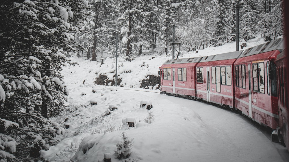 a red train traveling through a snow covered forest