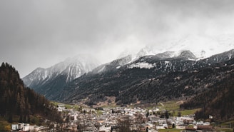 A small town nestled in a valley, surrounded by forested mountains with snow-capped peaks. The sky is overcast, casting a gray tone over the landscape. Buildings in the town appear small against the backdrop of the towering mountains.