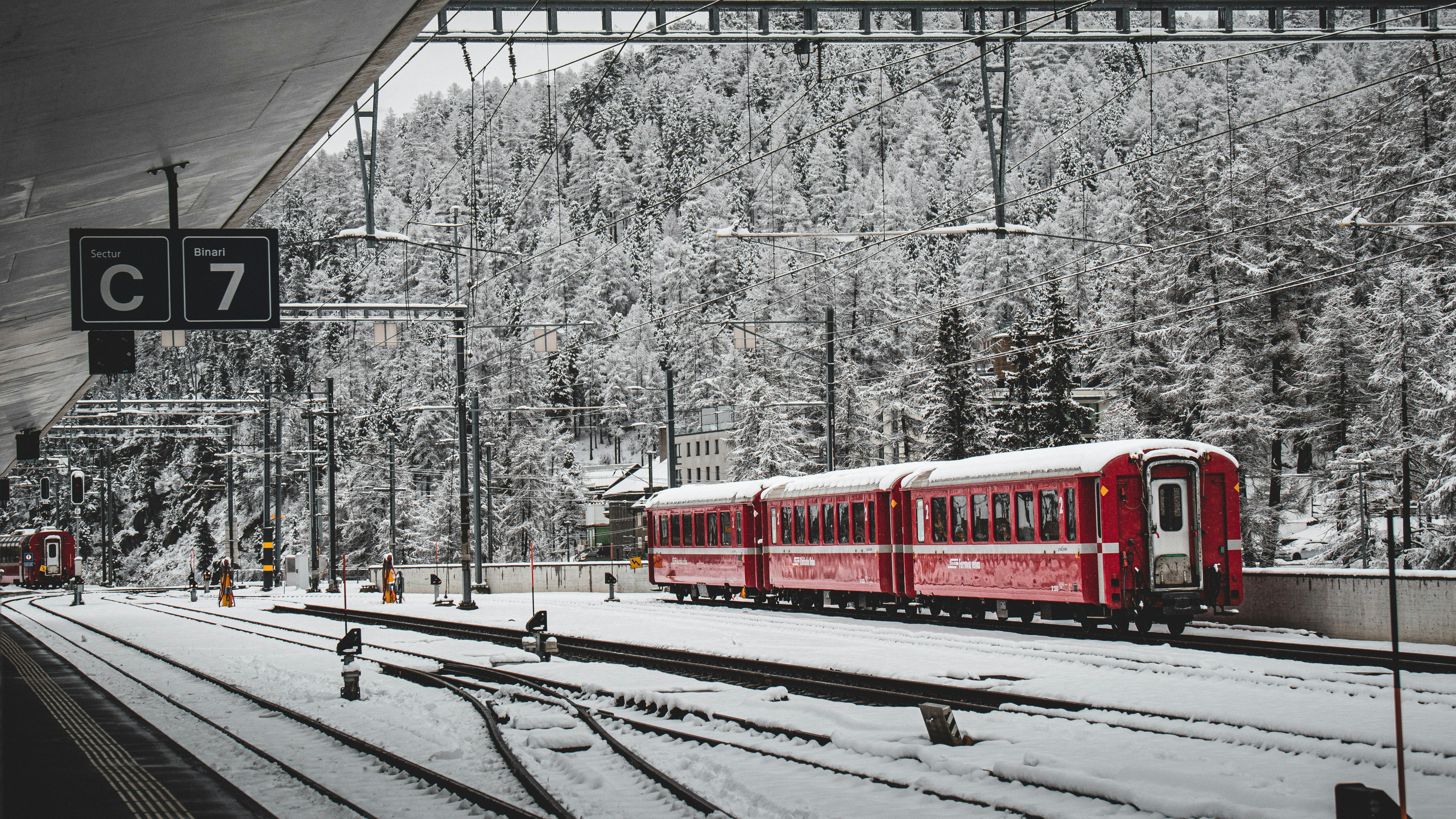 Ein roter Zug, der neben einem Wald die Bahngleise hinunterfährt
