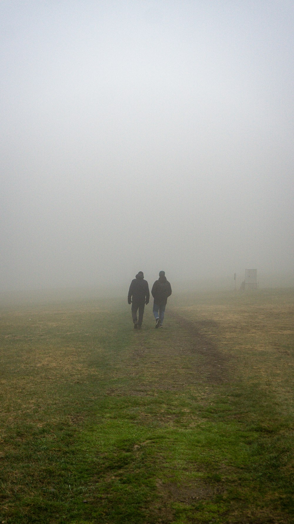 a couple of people walking across a grass covered field