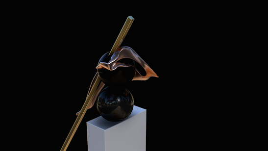 A contemporary art piece displayed on a pedestal.