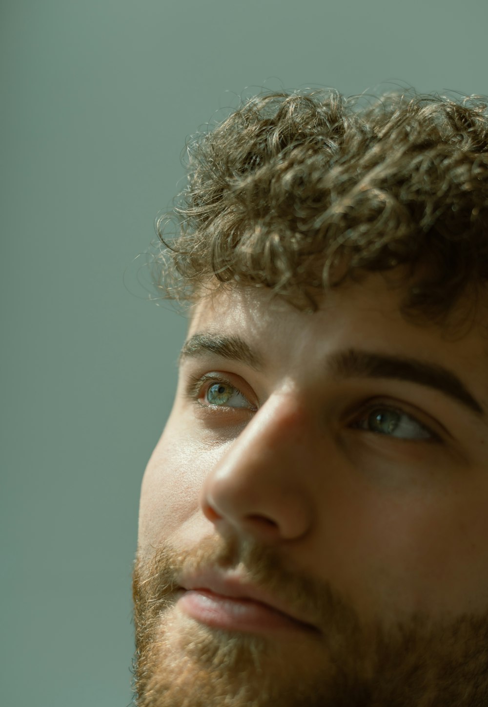a close up of a man with curly hair
