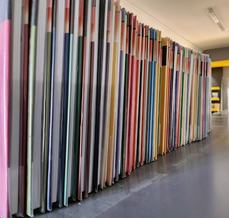 A neatly arranged row of colorful books or folders is lined up on a dark surface, with each cover adding a different hue to the sequence. The angle of the photo captures the long stretch of the arrangement, providing a sense of order and organization.